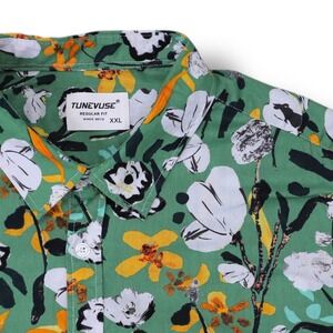 Tunevuse Shirt Men's XXL Green Floral Tropical Hawaiian Cotton Party Camp Top